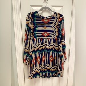 Umgee SZ S tunic mini dress Aztec, Weastern long sleeve lined boho, hippie
